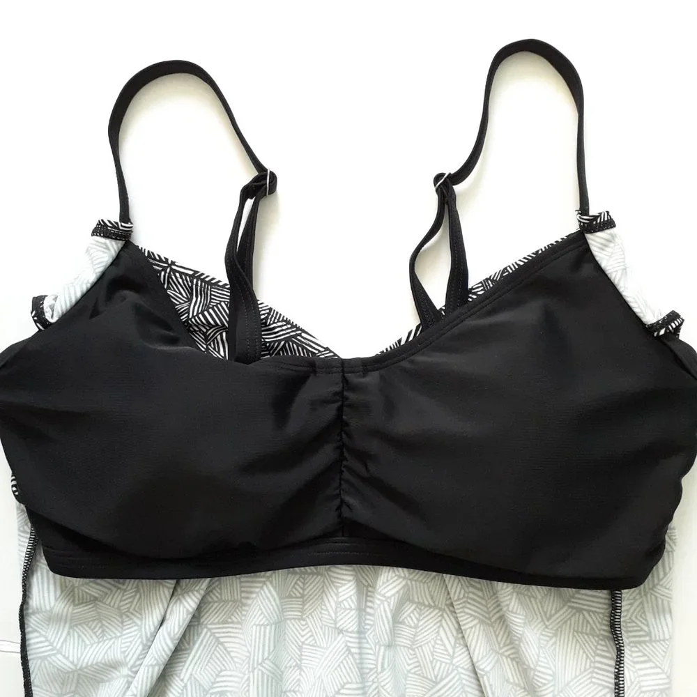 Athleta Laguna Side Scrunch Tankini Top Black & White Size 34D/DD
